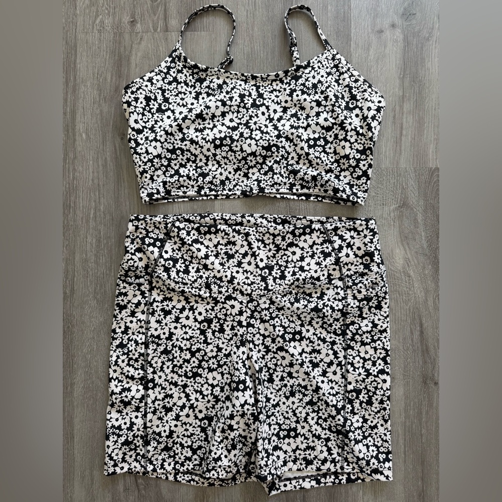 Victoria’s Secret Black & White Floral Workout Set – Sports Bra + Shorts (XL)